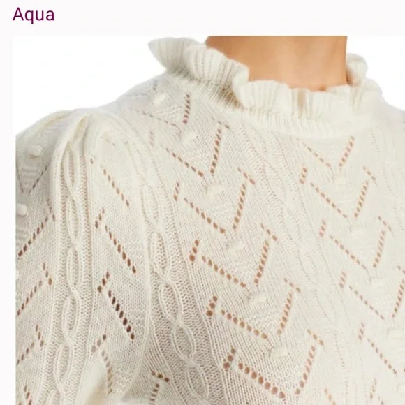 AQUA 100% Cashmere White Cropped Sweater Puff Sleeve Pointelle Knit XS - Picture 12 of 13